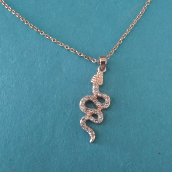 Gold Colored Snake Charm Necklace with Rhinestones 18" - Picture 2 of 5